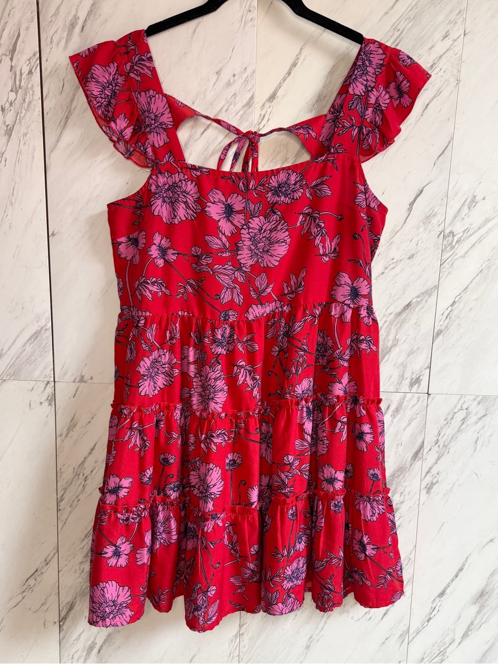 B.O.G. Collective Red Pink Floral Tie-Back Tiered Mini Sundress Size Medium
